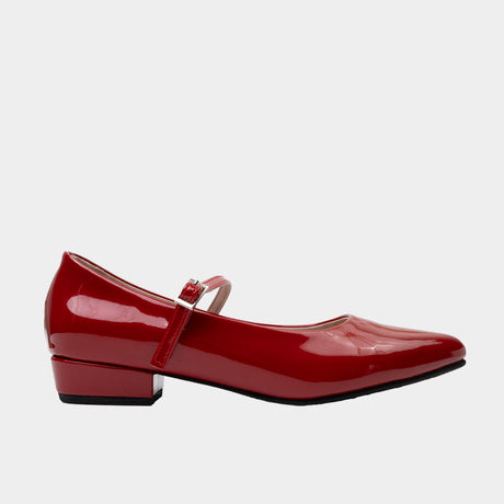 Red patent leather pointed-toe Mary Jane with 1-inch block heel