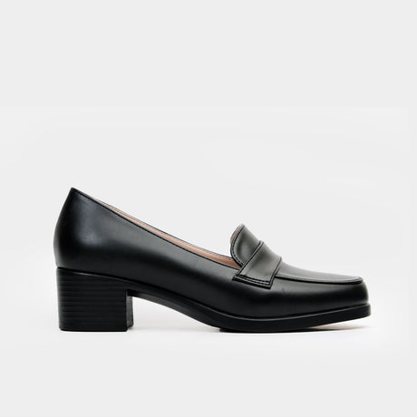 Black leather heeled penny loafer with stacked 1.5-inch block heel.