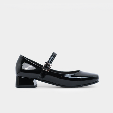 Black patent leather round-toe Mary Jane pump with 1.5-inch block heel