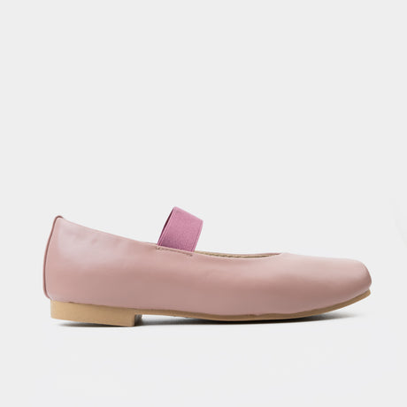 Blush pink leather ballet flat with mauve elastic strap