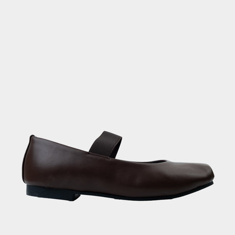Brown pink leather ballet flat with mauve elastic strap