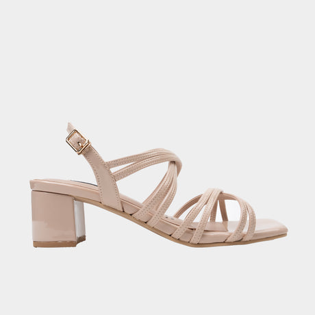 Beige patent leather multi-strap sandal with 2.5-inch block heel.