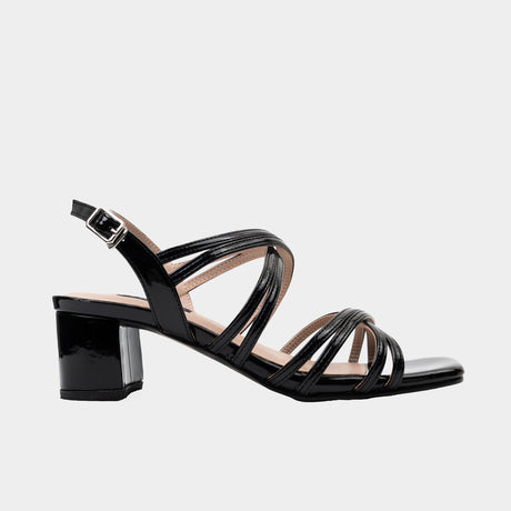 Black patent leather multi-strap sandal with 2.5-inch block heel.