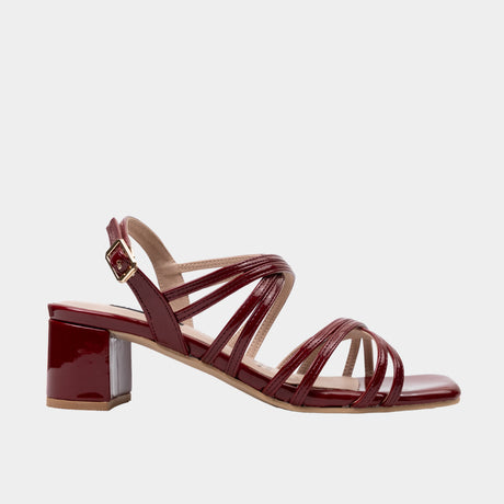 Maroon patent leather multi-strap sandal with 2.5-inch block heel.