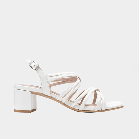 White patent leather multi-strap sandal with 2.5-inch block heel.