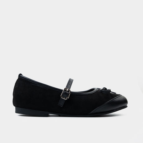 Black suede Mary Jane ballet flat with buckle strap, bow detail, and smooth leather toe cap.